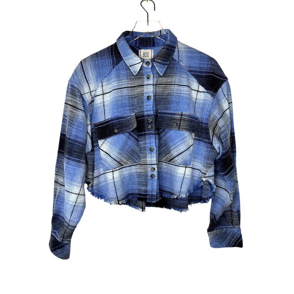 Urban Outfitters BDG Joey Flannel Shirt Cropped Blue Plaid 100% Cotton MEDIUM